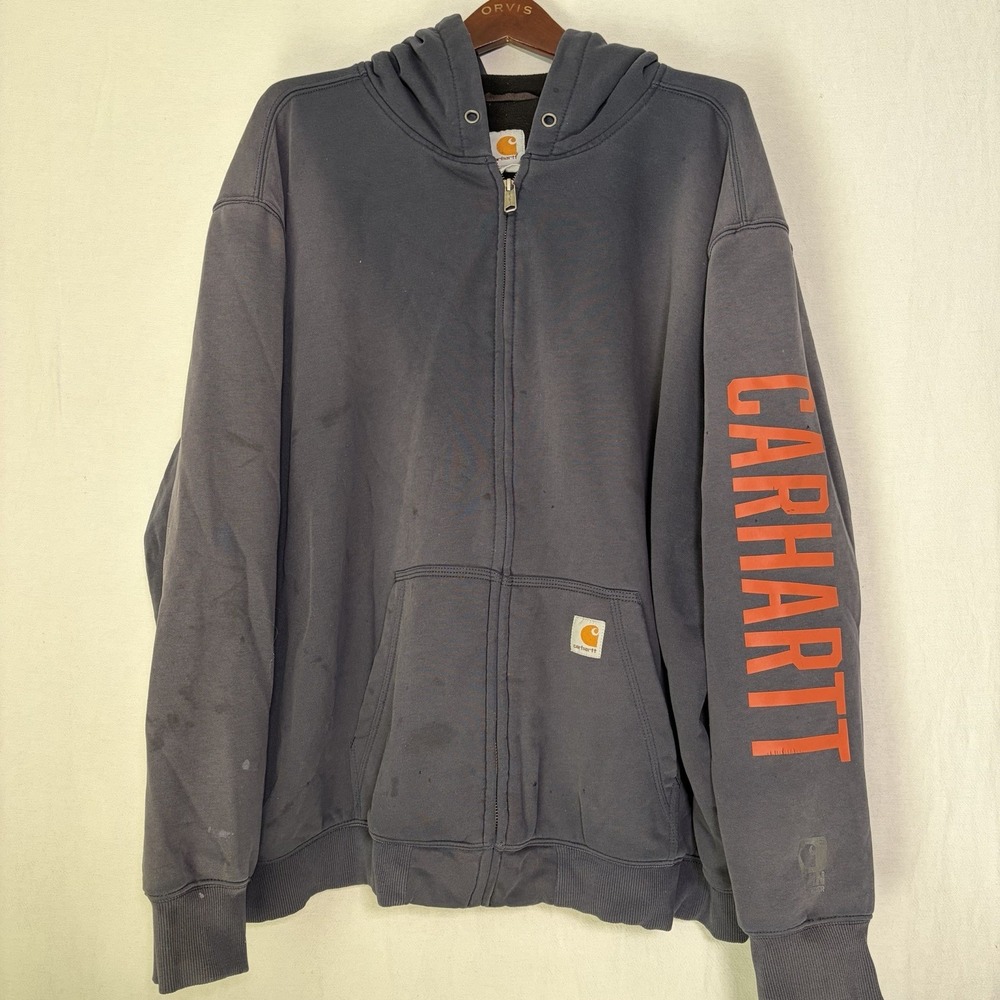 Carhartt Hoodie Mens 2XL Blue Full Zip Fleece Sweatshirt Logo Rain Defender Work